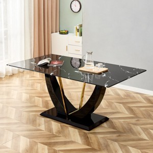 Large Faux Marble Kitchen Table,Table With Tempered Glass Desktop And Crescent Shaped Table Bracket,Rectangular Dining Table-Cuddlewood - 1 of 4