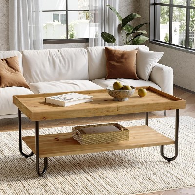 Tribesigns 47.24-Inch Solid Wood Coffee Table, 2-Tier Rectangular Center Table with Curved Metal Legs