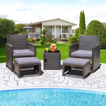 Costway 5PCS Patio Rattan Furniture Set Ottoman Cushioned W/Cover Space Saving Off White/Gray/Red/Turquoise