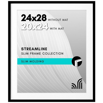 Americanflat 24x28 Picture Frame with Polished Plexiglass, Use as 20x24 Frame with Mat or 24x28 Frame Without Mat, Streamline Collection, ,  Black