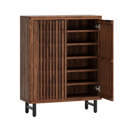 Lirago Brown 6-Tier Shoe Cabinet MDF Wooden 33.5x13.8x43.7 Louvered Doors Adjustable Shelves Storage