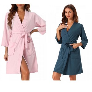 cheibear Women's 2 Pack Waffle Soft Spa & Bath Mid-Length Robes With Pockets & Belt - 1 of 4