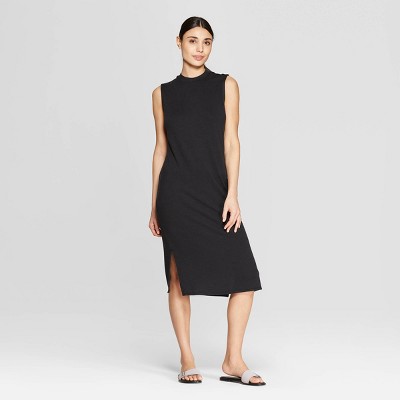 black scoop neck midi dress