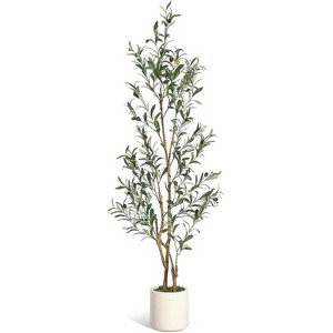 4/5/6/7FT Artificial Olive Tree, Faux Silk Plant with Natural Wood Trunk, Lifelike Fruits, Imitation Ceramic Planter & Green Moss for Home Office - 1 of 4