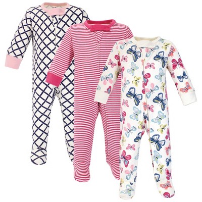Image of Touched by Nature Baby Girl Organic Cotton Zipper Sleep and Play 3pk, Bright Butterflies, 3-6 Months