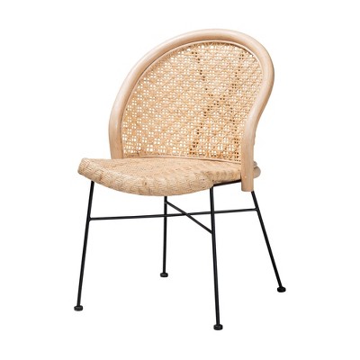 Natural Brown Rattan and Black Metal Dining Chair