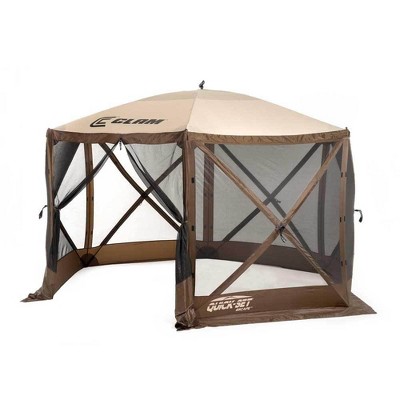 CLAM Quick-Set Escape 11.5 x 11.5 Foot Portable Pop Up Outdoor Camping Gazebo Screen Tent 6 Sided Canopy Shelter with Ground Stakes & Carry Bag, Brown