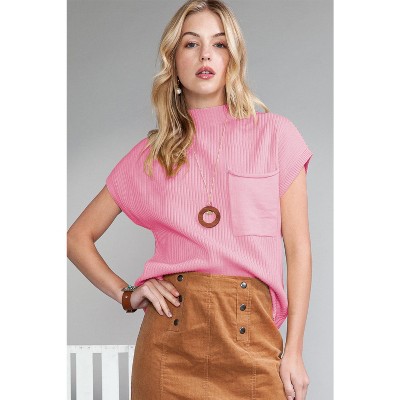 I AM A FASHION JUNKY Pink Patch Pocket Ribbed Knit Short Sleeve Sweater