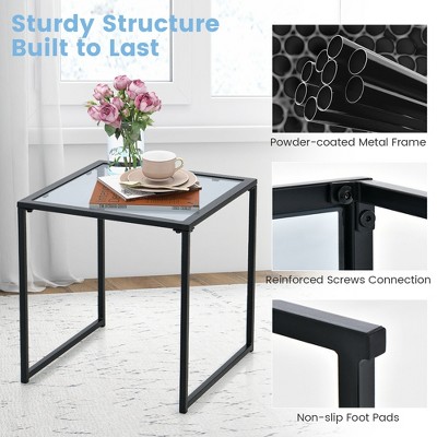 Black Tempered Glass and Metal Square Side Table