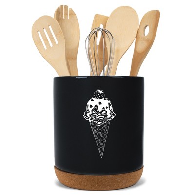 Elanze Designs 8 inch Ice Cream Waffle Cone Large Ceramic Kitchen Utensil Holder Black and White Crock with Cork Base