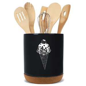 Elanze Designs 8 inch Ice Cream Waffle Cone Large Ceramic Kitchen Utensil Holder Black and White Crock with Cork Base - 1 of 4