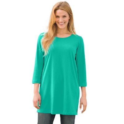 Woman Within Plus Size Perfect Three-Quarter-Sleeve Scoopneck Tunic