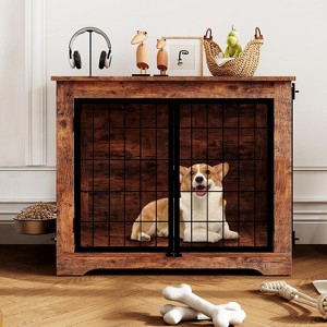 Dog Crate with Rotating Feede, Wooden Crate End Table with 2 Doors, Anti-Chew Anti-Escape, Heavy Duty Indoor Kennel Cage for Small to Medium Dogs - 1 of 4