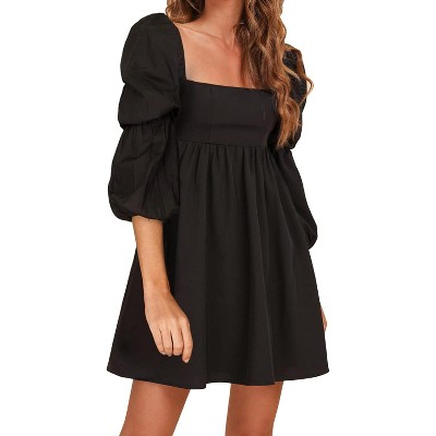 EXLURA Womens Square Neck Dress Long Puff Sleeve A-Line Casual Short Mini Dresses