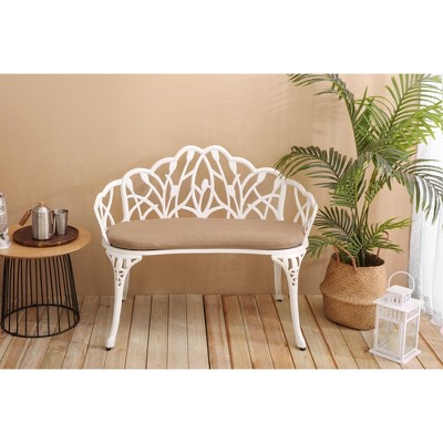 DOMETOUR Tulip Patio Garden Bench Metal Park Bench Cast Aluminum Outdoor Furniture with Floral Rose for Patio,Park,Lawn,Yard 
with cushion