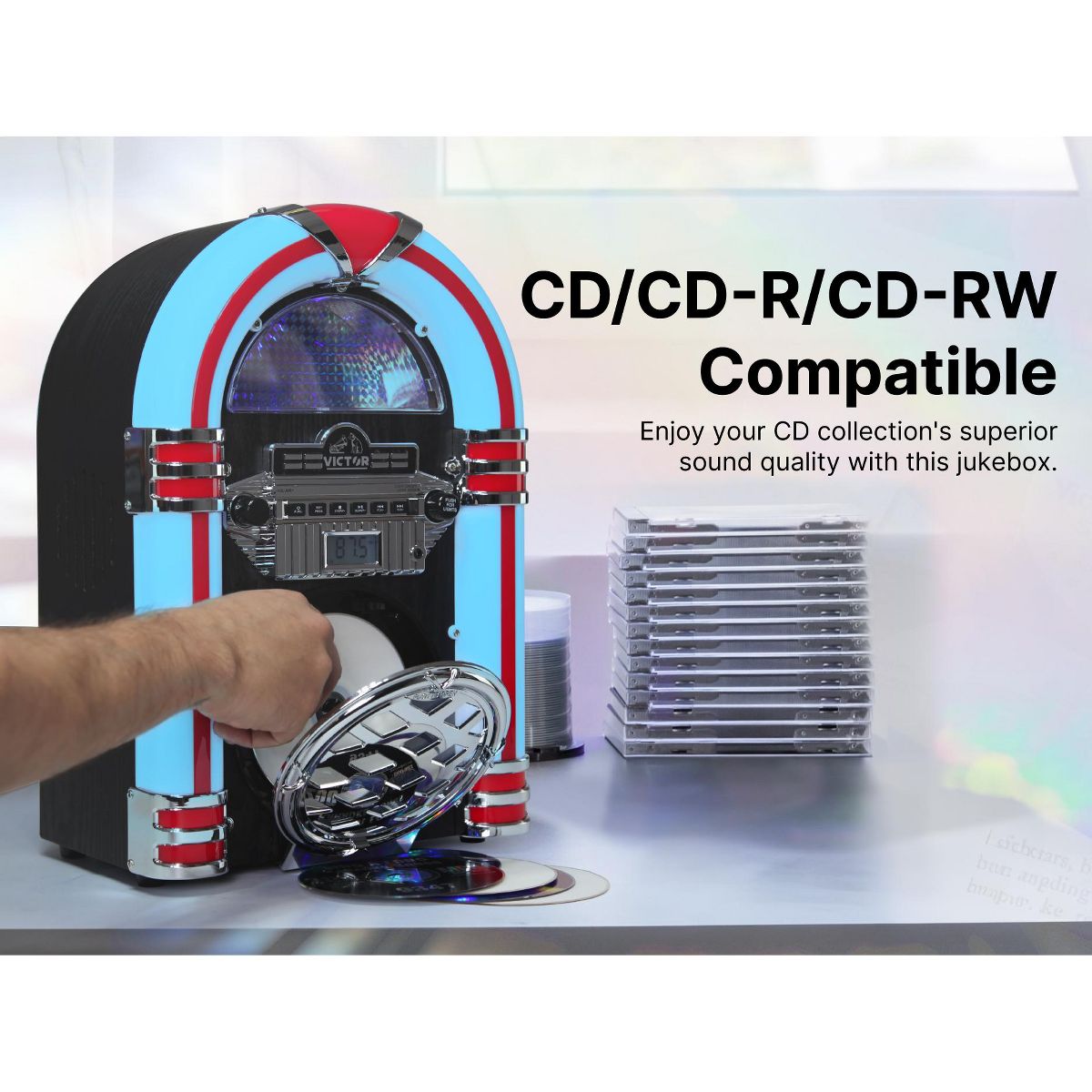 Victor Retro Bluetooth Jukebox with CD Player & FM Radio | 15-Inch 1950s Diner Style Tabletop Speaker, Color-Changing LED Lights, 33ft Wireless - thumbnail 6