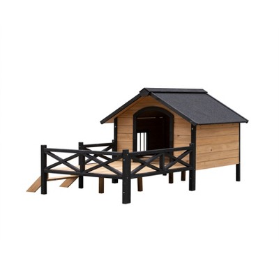 UbMelt Dog House with Porch for Outdoor/Indoor Use Large Wooden Dog Kennel for Small Medium Dogs,Natural+Black