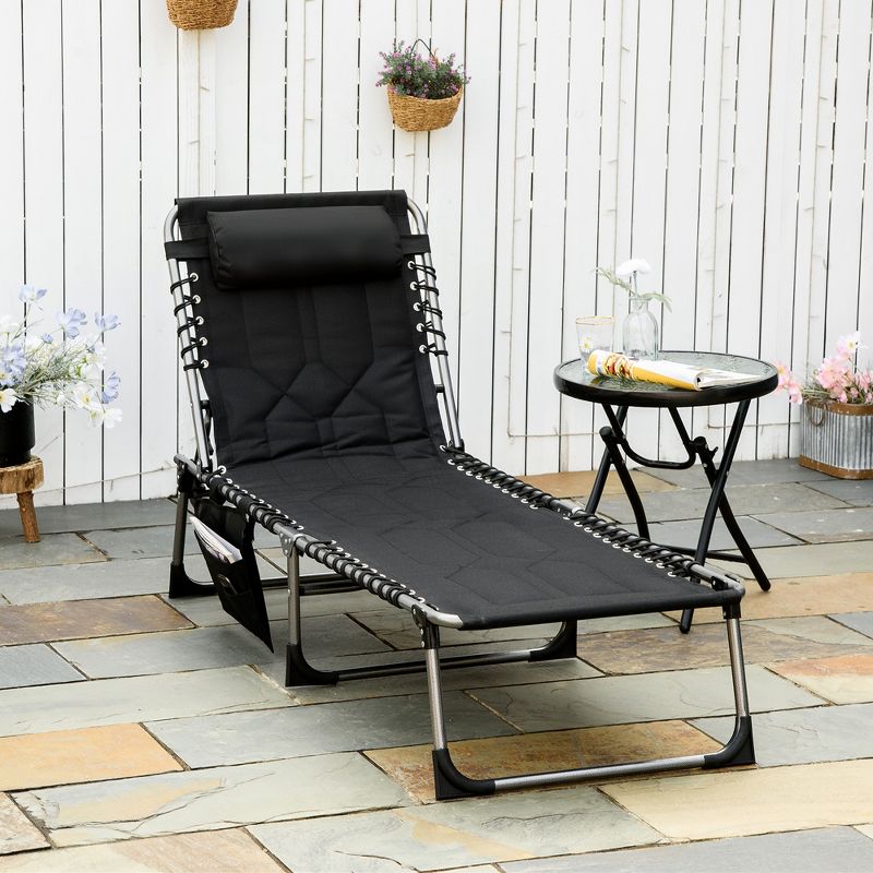 Outsunny Folding Chaise Lounge Chair, Outdoor Padded Reclining Chair with 5-position Adjustable Backrest, Pillow and Pocket for Patio, Deck, Beach, Lawn and Sunbathing, 3 of 7