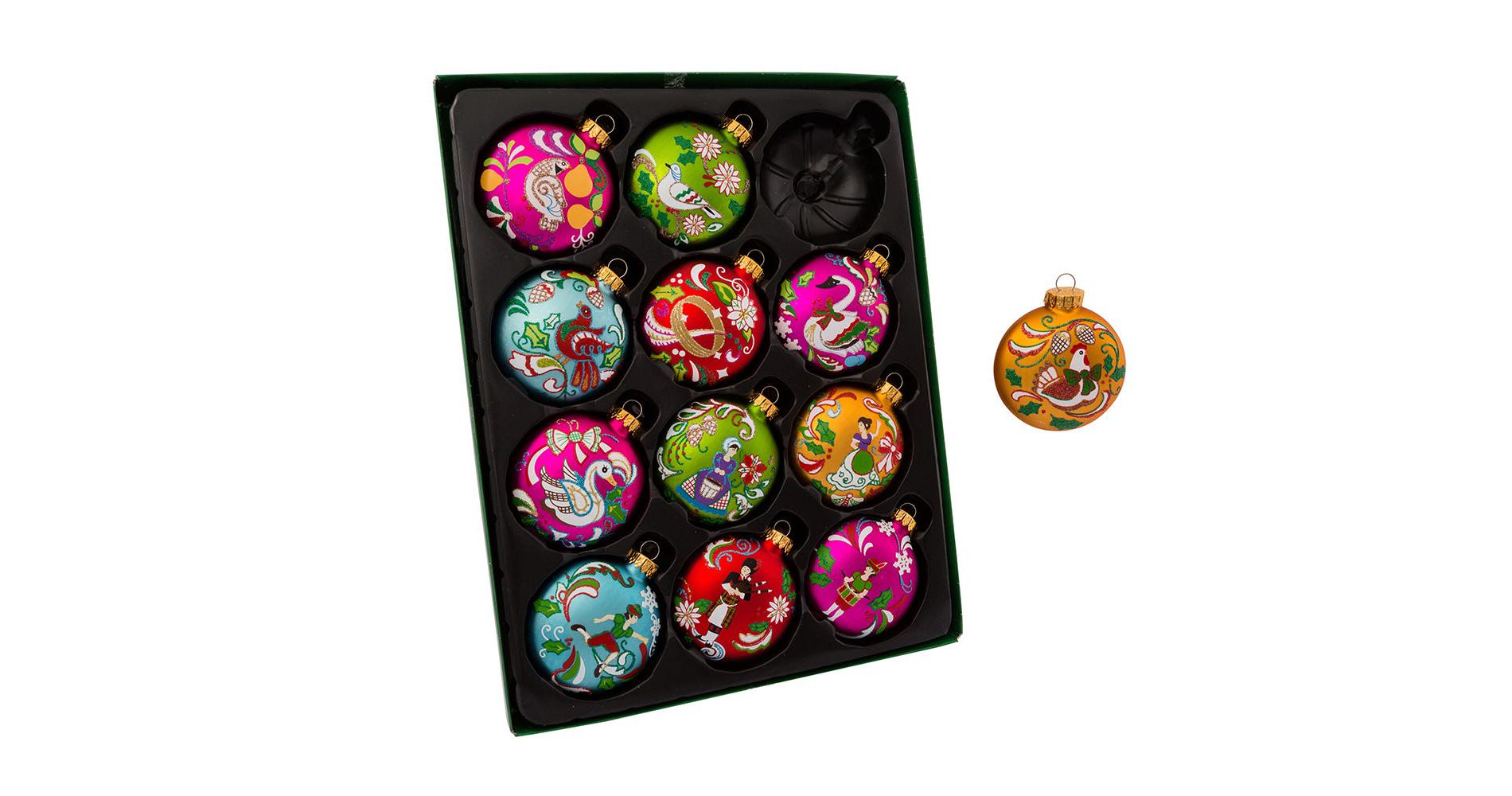 Kurt Adler 65MM Glass 12 Days Of Christmas Glass Ball Ornaments, 12-Piece Boxed Set