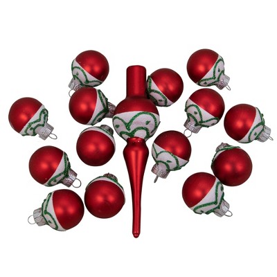 Northlight 15ct Red and White Frosted Tree Topper with Christmas Ball Ornaments