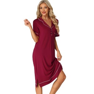 cheibear Women's Summer Collared Button Up Short Sleeves Casual Lounge Nightgowns - 1 of 4