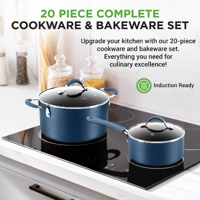 NutriChef 20-Piece Navy Blue Non-Stick Aluminum Cookware and Bakeware Set