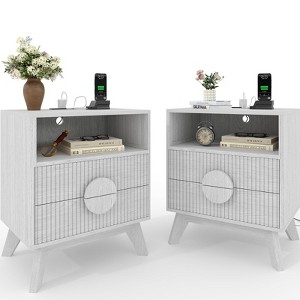 Fluted Nightstand Set of 2, Wood Bedside Tables with Charging Station, 2 Drawers & Shelf, Oak/Walnut Finish - 1 of 4
