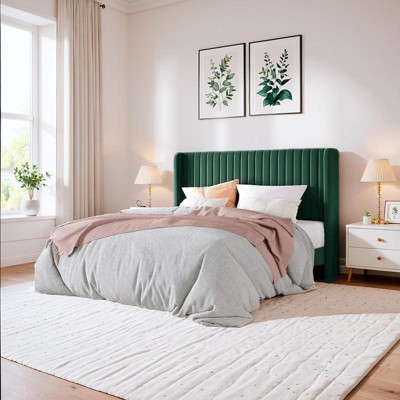 Allewie Bed Platform Frame/Velvet Upholstered Bed Frame with Vertical Channel Tufted Headboard/Strong Wooden Slats/Box Spring Optional