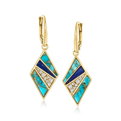 Ross-Simons Turquoise, Lapis and .30 ct. t.w. White Topaz Geometric Drop Earrings in 18kt Gold Over Sterling