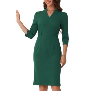 INSPIRE CHIC Women's Work V Neck Stand Collar 3/4 Sleeve Split Vintage Midi Pencil Dress - 1 of 4