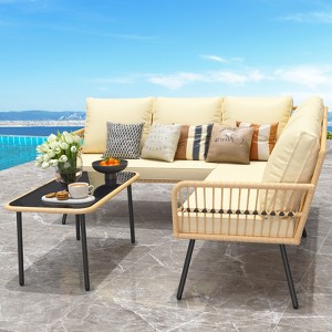 4 Pieces Wicker Outdoor Patio Furniture Set with Coffee Table & Cushions for Garden, Terrace, Porch - 1 of 4