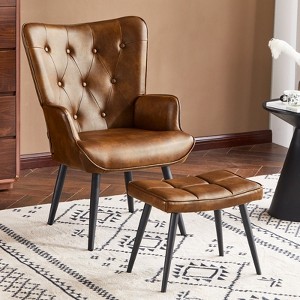 Furniliving Modern Accent Chair, Faux Leather Tufted Button Wingback Armchair with Matching Upholstered Ottoman, Black - 1 of 4