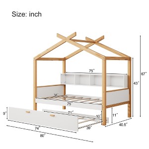 Gulches Twin Size Wooden House Bed with Twin Trundle & 4 Built-in Bookshelves, White & Natural Wood Frame, Kids/Guest Room, Easy Assembly - 1 of 4