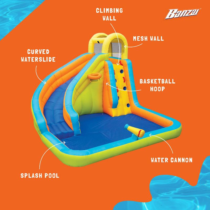 Banzai Splash 'N Blast Kids Outdoor Backyard Inflatable Water Slide Splash Swim Pool Park with Climbing Wall, Basketball Hoop, and Water Cannon, 3 of 7