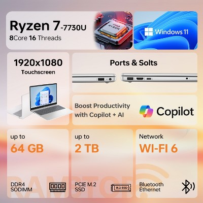 HP Essential 15 15.6" FHD Touch Laptop, Ryzen 7 7730U, 16GB RAM, 1TB SSD, Wi-Fi 6, Windows 11 Pro, Silver
