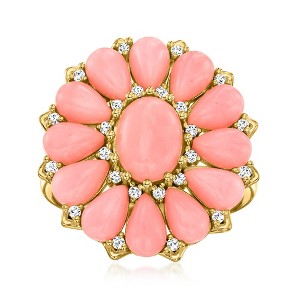 Ross-Simons Pink Coral and 0.20 ct. t.w. White Zircon Floral Ring in 18kt Gold Over Sterling - 1 of 4