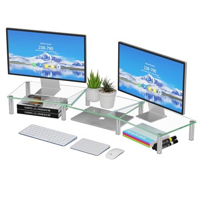 Simple Trending Dual Monitor Stand Riser, Computer Office Desktop Organizer for 2 Monitors with Tempered Glass