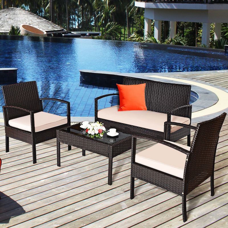 Costway 4PCS Patio Rattan Conversation Furniture Set Cushioned Seat Glass Table, 2 of 9