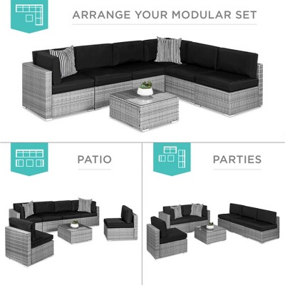 Gray and Black 7-Piece Outdoor Wicker Sectional Set with Tempered Glass Table