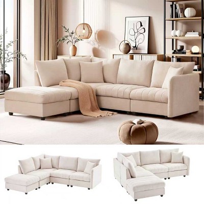 TIRAMISUBEST 90"/101" Sectional Sofa Modular L Shape Striped Chenille Sectional Ottoman and Throw Pillows Living Room- 5 Seat/ 4 Seat