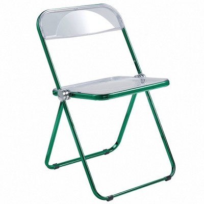 LeisureMod Lawrence Acrylic Folding Dining Chair with Open-Back Design in Green Metal Frame