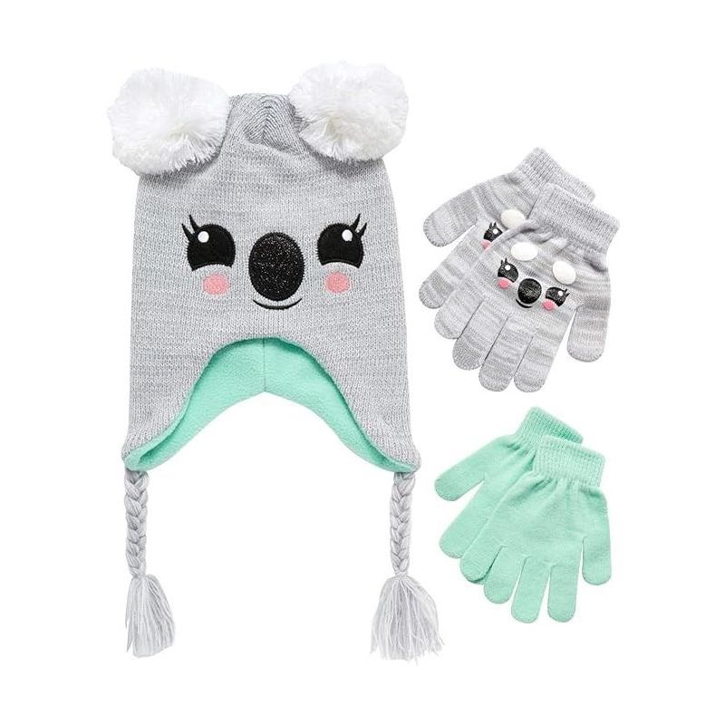 Girls Critter Koala Winter Hat and 2 Pair Gloves or Mittens (Toddler/Little Girls), 1 of 5