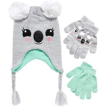 Girls Critter Koala Winter Hat and 2 Pair Gloves or Mittens (Toddler/Little Girls)