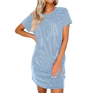 Ekouaer Women Sleep Shirt Above Knee Loose Fit Night Dress Comfortable Viscose Sleepwear with Front Pocket Sky Blue S