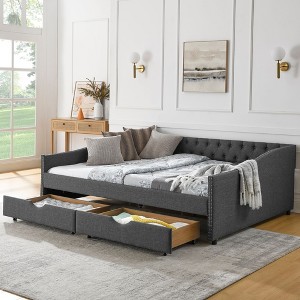 Sapphtopaz Daybed with 2 Storage Drawers Upholstered Wood Bed Frame with Button Tufting and Nailhead Design, No Box Spring Needed - 1 of 4