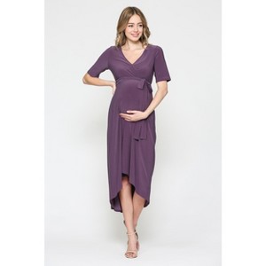 Hello Miz Women's Hi-Low Short Sleeve V Neck Maternity Wrap Dress with Belt - 1 of 4