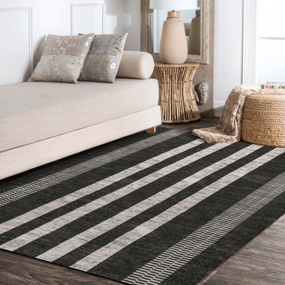 Ivory and Black Striped Synthetic Washable Area Rug