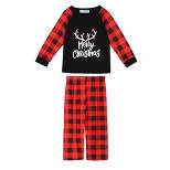 cheibear Kid's Christmas Loungewear Deer Sleep Sets Long Sleeves Tee and Plaid Pants Family Pajamas Sets