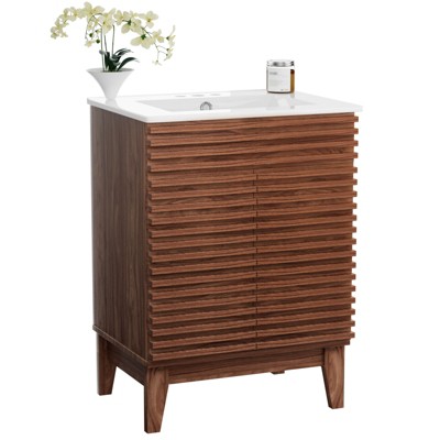 ROOMTEC 24 in. Bathroom Vanity with Ceramic Sink, Mid-Century Cabinet with 2 Soft-Close Doors, Freestanding, Wood Grain Laminate, Walnut