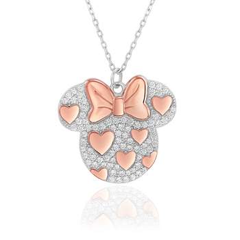Disney Minnie Mouse Cubic Zirconia Two Tone Sterling Silver Necklace, Pink Plated Accents, 18"